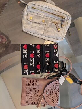 Set of 3 Crossbody & Wristlet Bags - Cream, Black with Red Hearts, Blush